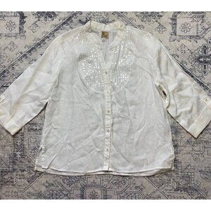 JM Collection Womens White Linen 14 Petite Button-Up Shirt Top Sequin Detail